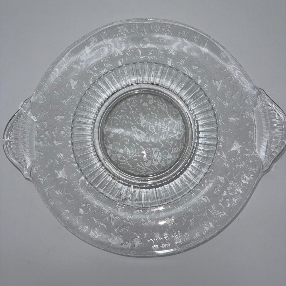 Vintage Clear Glass 13 1/2" Handled Serving Platter Floral Etched Pattern